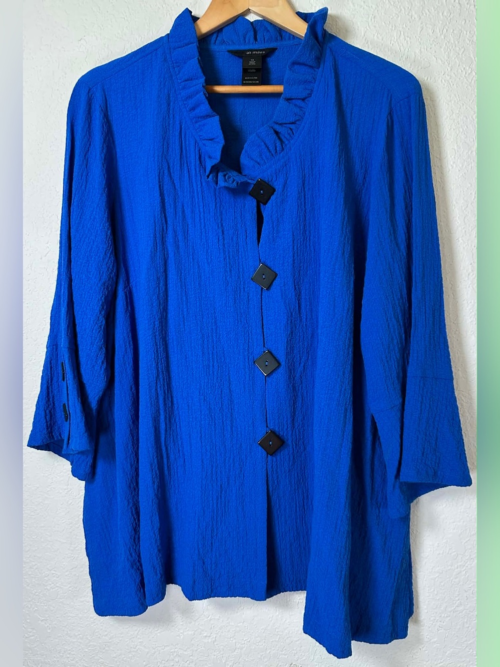 Ali Miles Royal Blue Ruffled Collar Button-Front Blouse